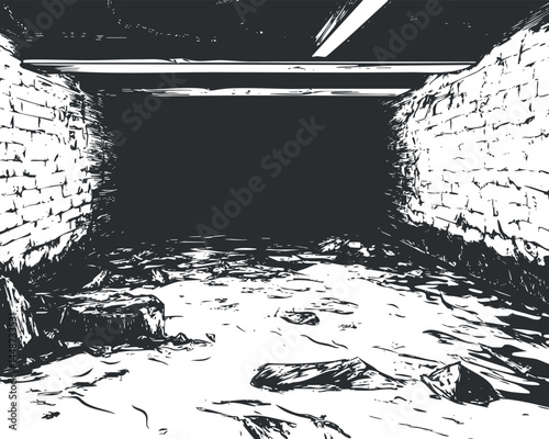 Black and white illustration of an empty, dark underground basement with rough brick walls and rubble floor