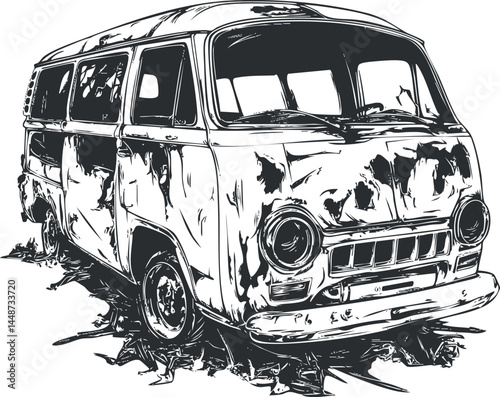 Illustration of a rusty and damaged old van abandoned and broken down on the ground