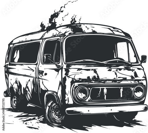 Black and white illustration of an old van on fire with smoke rising from the roof, showing damage and rust.