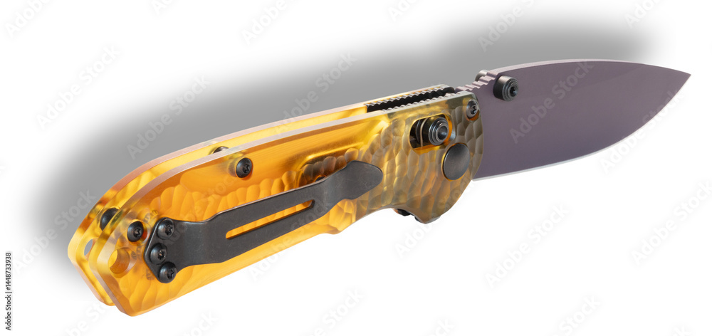 Transparent yellow handle on a folding knife with dropshadow