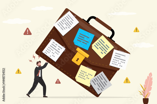 Businessman trying holds huge briefcase. Burnout, emotional pressure. Many tasks, various sticky notes at business case. Job challenges and responsibilities.