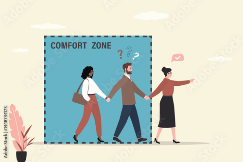 Ambitious business people steps out of comfort zone, confident woman leads the team to get out of safe zone. Courage, determination, explore new opportunities
