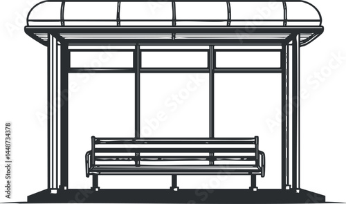 Black and white illustration of a bus stop shelter with a bench for passengers waiting outdoors