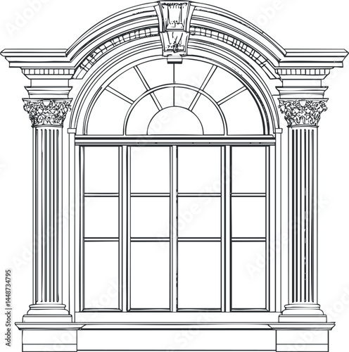 Black and white line drawing of a classical arched window with decorative columns and detailed molding