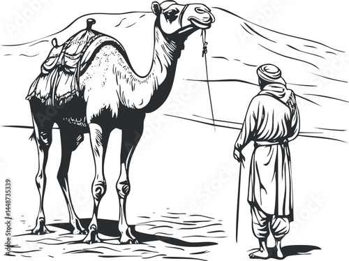 Black and white illustration of a man standing next to a saddled camel in the desert landscape with dunes.