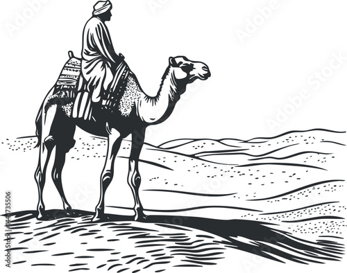 Black and white illustration of a person riding a camel in a vast desert landscape with sand dunes