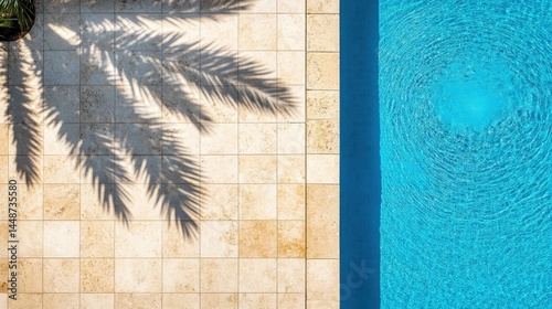 Captivating aerial view of a turquoise swimming pool with palm tree shadows on the tiled deck creating a serene summer scene evoking relaxation and vacation vibes
