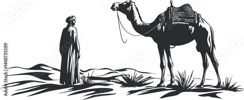 Silhouette of a man standing next to a saddled camel in a desert landscape with sand and bushes.