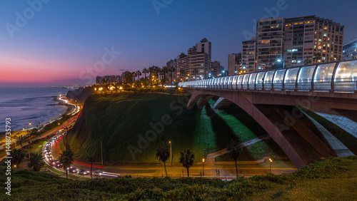 Villena Bridge with traffic and partial City view in the Background day to night timelapse, Lima, Peru.