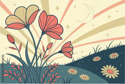 67 Explosive floral burst, colorful wildflowers, dynamic swirling petals, vibrant abstract painting, impressionistic style, radiant energy, blooming flower field, celestial atmosphere, cosmic garden, 