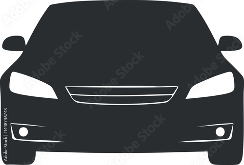 Front view silhouette of a modern sedan car showing headlights grille and mirrors