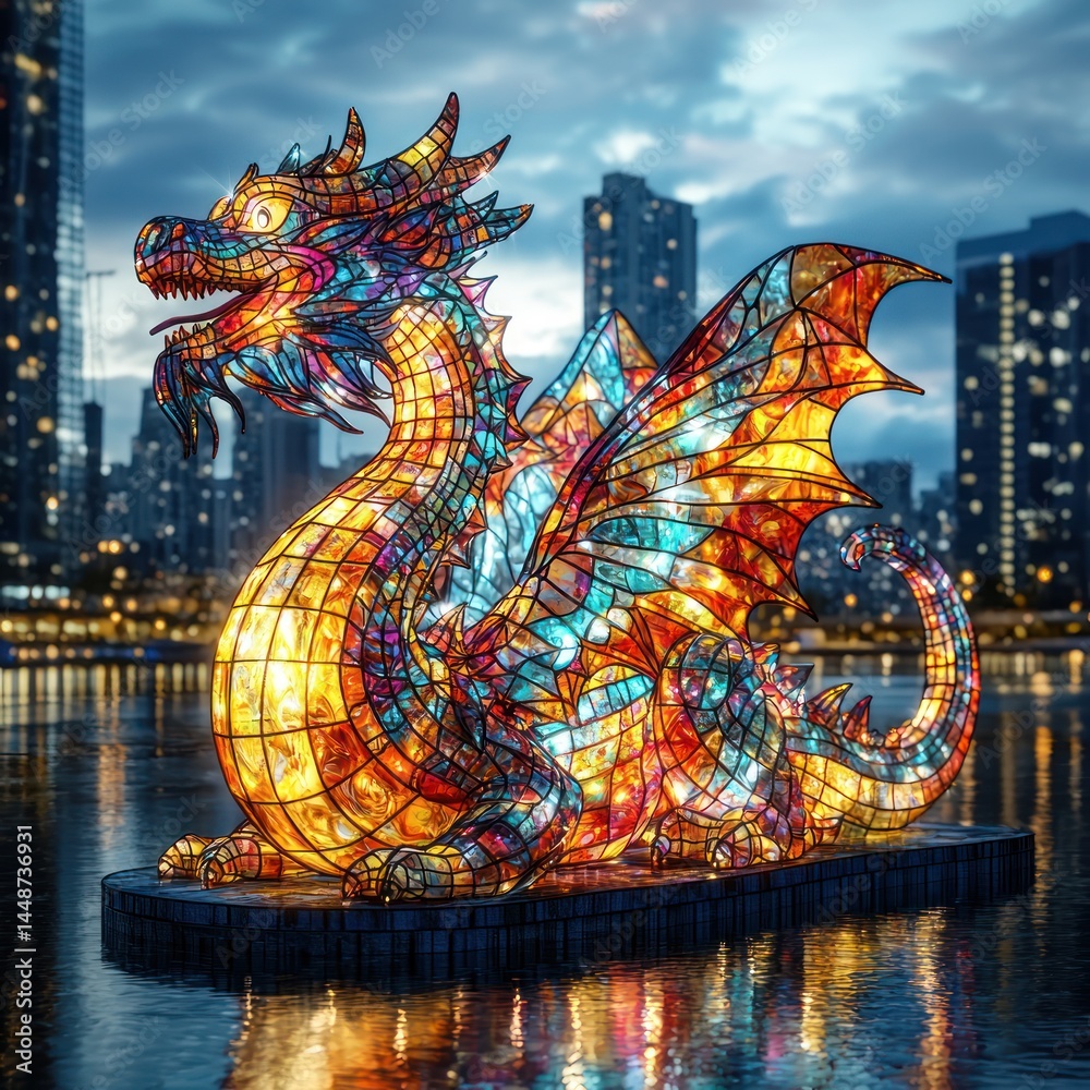 Fototapeta premium Illuminated Stained Glass Dragon Sculpture on Water with Cityscape Backdrop