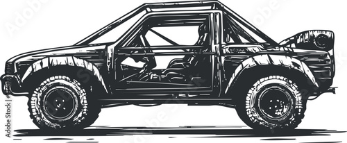 Black and white sketch illustration of an offroad vehicle side view with rugged tires and open cabin