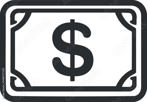 Black and white icon of a dollar bill representing money, finance, and currency symbol