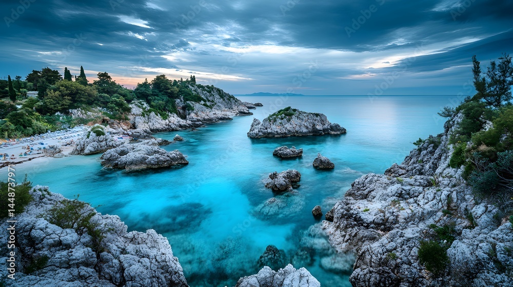 Fototapeta premium Stunning Coastal Cliffs Turquoise Sea Beach Sunset Aerial View