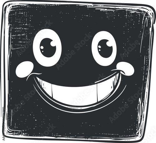 Black square cartoon face with big eyes and wide smiling mouth showing cheerful expression