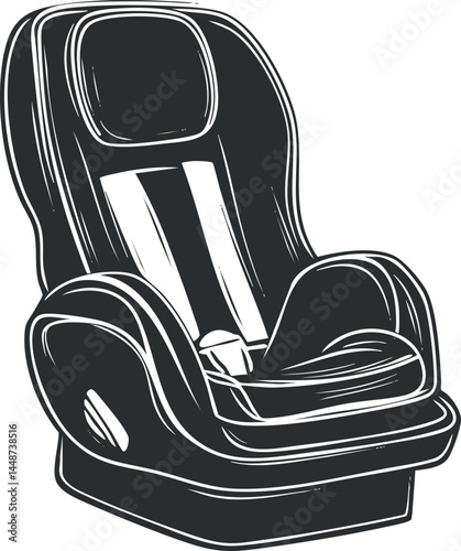 Black and white illustration of a child car seat designed for safety and comfort in vehicles