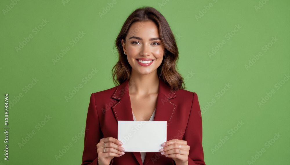 A smiling young woman with brown hair, wearing a burgundy blazer, confidently holds a blank white card against a vibrant green background. A smiling young woman with brown hair, wearing a burgundy blazer, confidently holds a blank white card against a vibrant green background.