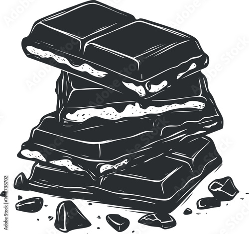Stack of broken chocolate bars with creamy filling and scattered crumbs isolated on white background