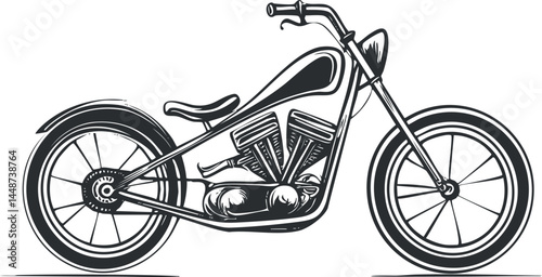 Black and white side view illustration of a classic chopper motorcycle with detailed engine and wheels