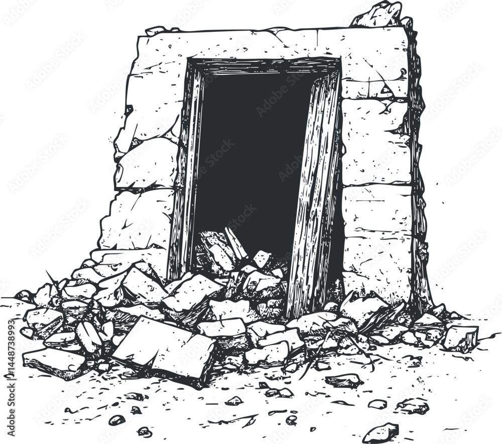 Fototapeta premium Black and white illustration of a ruined stone doorway surrounded by rubble and broken debris