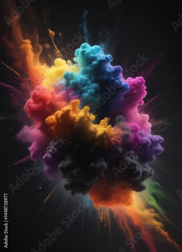 Swirling rainbow dust cloud bursts against stark black  ,  festival,  art,  dynamic