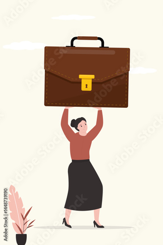 Frustrated business woman carrying heavy briefcase. Over workload. Pressure from too much responsibility. Challenge, emotional pressure, hard tasks at work. Discrimination.