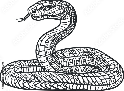 Black and white vector illustration of a coiled snake with detailed scales and forked tongue