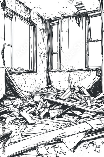 Black and white line art illustration of a ruined room with broken windows and wooden debris scattered