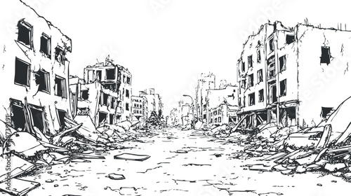 Black and white sketch of a destroyed city street with ruined buildings and debris after war or disaster