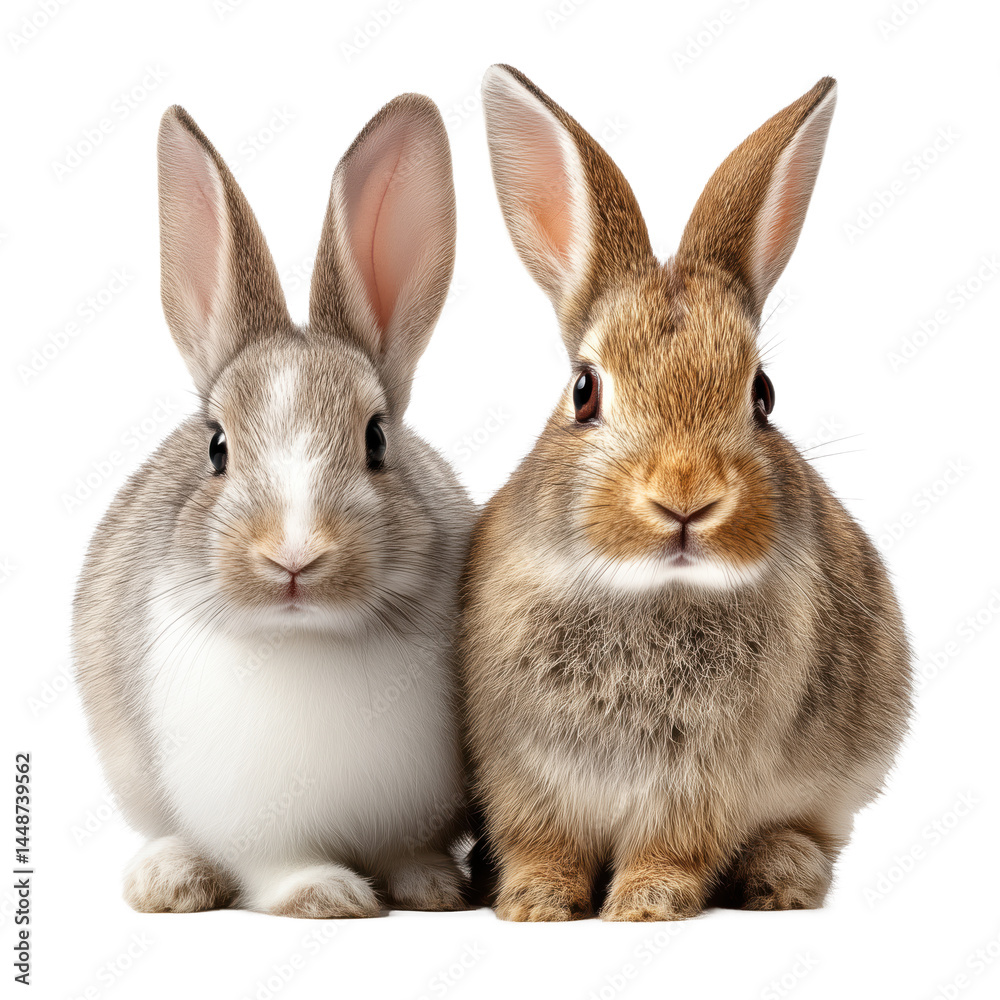 Fototapeta premium Two Adorable Rabbits Posing for a Close-Up Shot , isolated on white background PNG
