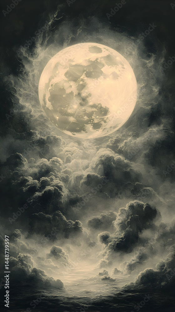 Obraz premium Majestic moon piercing through dark clouds. Vast night sky filled with dramatic clouds, showcasing a large, luminous moon