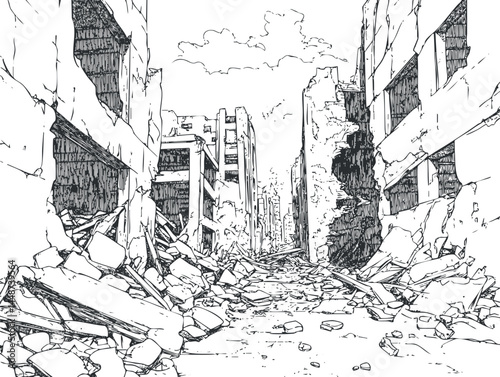 Black and white illustration of a street filled with rubble and destroyed buildings in an urban disaster scene
