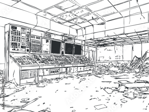 Black and white line art of an abandoned control room with broken monitors and destroyed interior debris