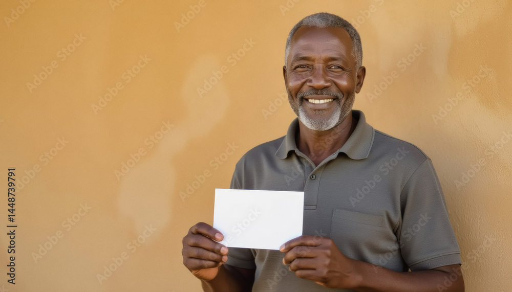 A smiling elderly African man stands against a textured beige wall, holding a blank white card. A smiling elderly African man stands against a textured beige wall, holding a blank white card.