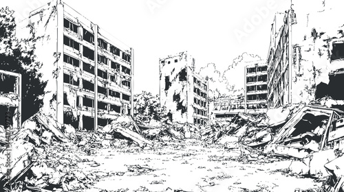 Black and white sketch of an urban area with destroyed buildings and debris showing post-apocalyptic ruins.