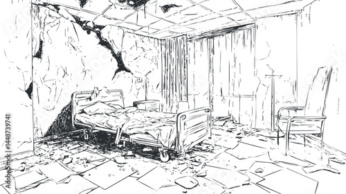 Abandoned hospital room with damaged bed, peeling walls, broken floor, and empty wheelchair