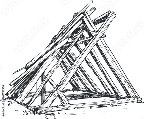Hand-drawn illustration of a wooden log frame structure made from rough timber sticks for outdoor shelter or camp