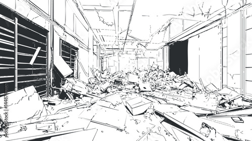 Black and white line art illustration of a destroyed and debris-filled abandoned building interior