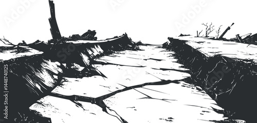 Cracked and broken dry ground landscape showing destruction and drought effects on the earth surface.