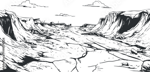 Black and white drawing of a dry desert canyon landscape with cracked ground and cliffs
