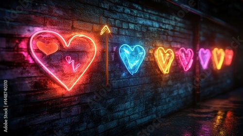 Neon heart installation urban alley nighttime colorful concept