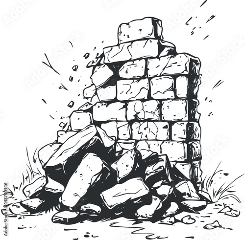 Black and white illustration of a broken brick wall with scattered rubble and debris around it