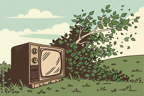 70 Nature reclaiming technology, old TV overgrown with lush green foliage, surreal landscape, flat grassland horizon, blue sky with wispy clouds, explosion of leaves, vintage television set, digital a