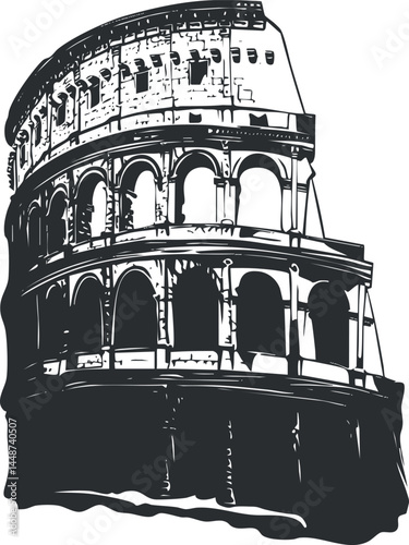 Black and white illustration of the Colosseum in Rome showcasing its ancient architectural arches and historic landmark.