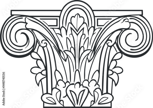 Detailed black and white line art of a classical Corinthian column capital with ornate scroll and leaf patterns.