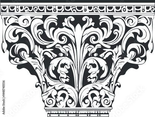Detailed black and white illustration of a classical Corinthian column capital with ornate floral carvings and decorative patterns.