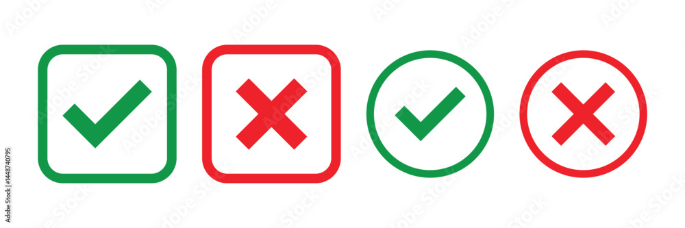 Obraz premium Check mark icons. green check mark and red cross mark icon set. green tick and red x. Symbols of approval and Decline, vector illustration