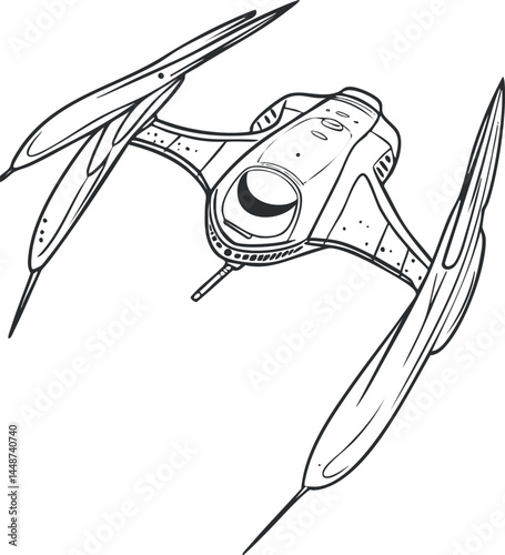Black and white line art illustration of a futuristic spaceship flying in outer space