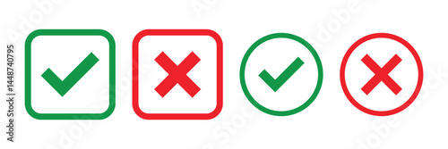 check mark icon button set. check box icon with right and wrong buttons and yes or no checkmark icons in green tick box and red cross